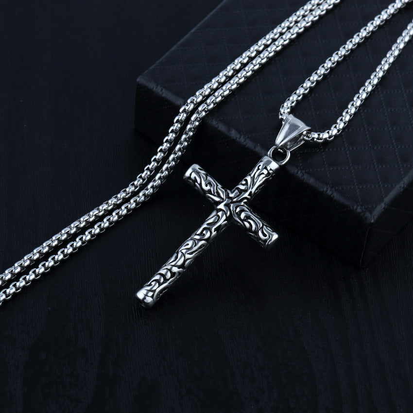 Carved Vintage Cross Pendant Necklace